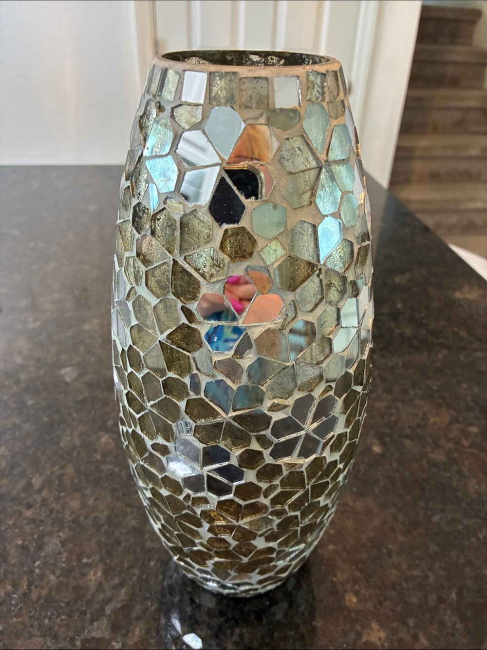 Mirrored Mosaic Glass Vase -Silver 12” height